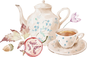 Watercolor Illustration Botanical Arrangement with teapot , cup of tea and pomegranate. Cozy autumn design. Whimsical vintage element in cottagecore style for invitation, social media and posters.