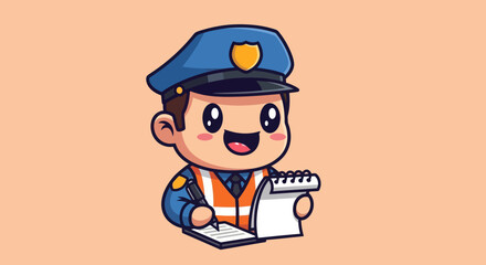 Cartoon cop smiling, taking notes