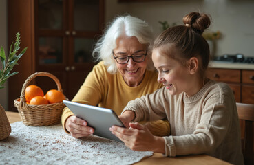 A grandmother and granddaughter share quality time. They focus on a tablet in the kitchen. The older woman learns tech from younger girl. Together they are smiling and enjoying their time at home.