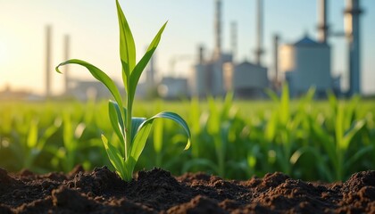 Young corn plant grows in fertile soil. Industrial ethanol production facility in background. Green field with plants. Sustainable biofuel development. Renewable energy source. Eco friendly