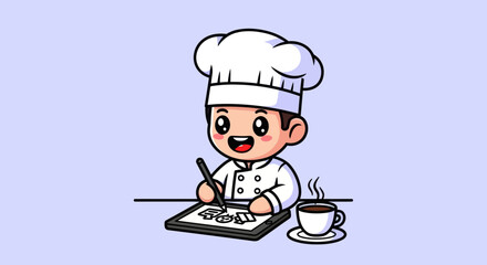 Cartoon chef designs on tablet, coffee steaming nearby