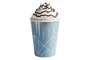 blue winter paper cup with whipped cream and chocolate drizzle