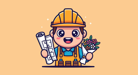 Cartoon builder with blueprint and flowers
