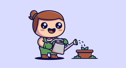 Cartoon girl in overalls waters a potted plant with watering can