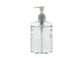 Clear hand sanitizer bottle with pump isolated PNG, antibacterial gel for hygiene and health on transparent background