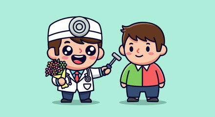 Cartoon doctor examining patient with mallet, holding flowers