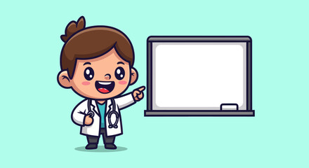 Cartoon doctor pointing to a blank whiteboard on a teal background
