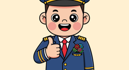 Smiling cartoon pilot in uniform gives a thumbs up