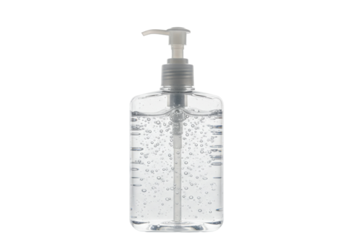 Clear hand sanitizer bottle with pump isolated PNG, antibacterial gel for hygiene and health on transparent background