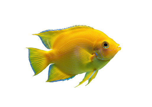 Vibrant yellow damselfish PNG isolated on transparent background, colorful tropical fish with blue accents for marine life designs