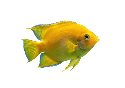 Vibrant yellow damselfish PNG isolated on transparent background, colorful tropical fish with blue accents for marine life designs