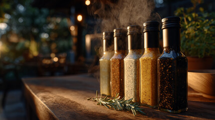 Five flavoured sauce bottles with light mist of steam above, positioned on a textured wooden countertop, soft morning sunlight enhancing warm cooking ambiance