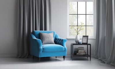 Cozy Living Space With a Blue Chair and Decorative Elements in a Bright Room