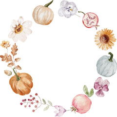Watercolor Botanical Illustration Wreath with berries, pumpkins, flowers and leaves. Cozy autumn design. Whimsical vintage element in cottagecore style for invitation, social media and posters.