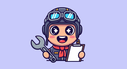 Cartoon pilot with wrench and clipboard on a solid background