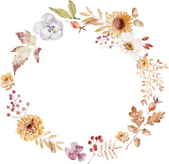 Watercolor Botanical Illustration Wreath with dahlia, leaves and viola. Cozy autumn design. Whimsical vintage element in cottagecore style for invitation, social media and posters.