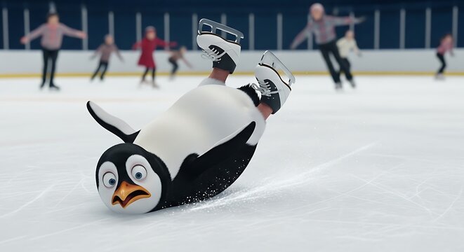 Cartoon penguin ice skating fail with other skaters in background.