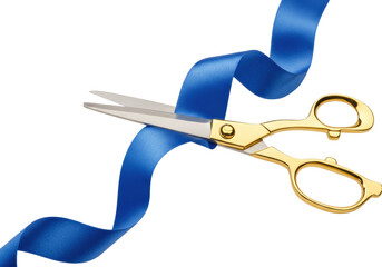 Gold scissors cutting a blue ribbon isolated PNG, ceremonial opening for business grand opening and celebration on transparent background