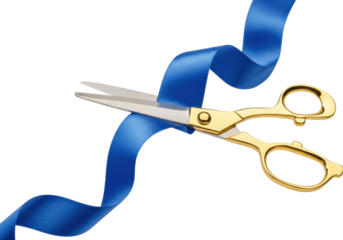 Gold scissors cutting a blue ribbon isolated PNG, ceremonial opening for business grand opening and celebration on transparent background