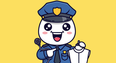 Cartoon police officer, holding microphone and ticket pad, on yellow