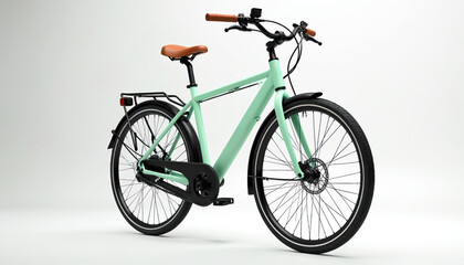 Fototapeta premium Modern city bike in light mint green color. Features brown leather, handlebars. Black fenders, chain guard, rear luggage rack. Front wheel disc brakes. Clean urban transport illustration on white
