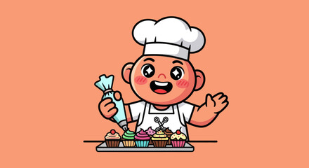 Cartoon chef decorates cupcakes