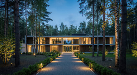 Obraz premium Modern luxury house illuminated at twilight surrounded by tall pine trees