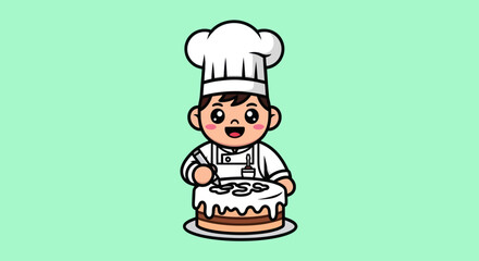 Cartoon chef decorates a frosted cake on a mint green background