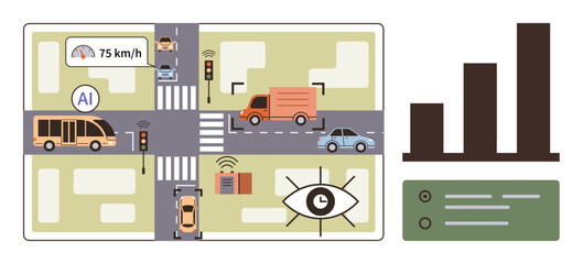 Urban intersection with AI managing vehicles, traffic signals, and pedestrian crossings. Ideal for transportation, smart cities, AI innovation, data analysis, automation, safety sustainable living