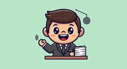 Cartoon businessman at desk with thought bubble