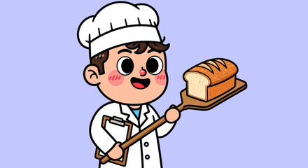 Animated baker holds bread on peel, clipboard
