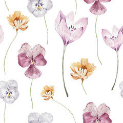 Watercolor Seamless Pattern Background with viola and colchicum. Cozy autumn design. Whimsical vintage element in cottagecore style for invitation, social media and posters.