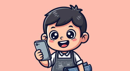 Cartoon chef holds coffee and camera