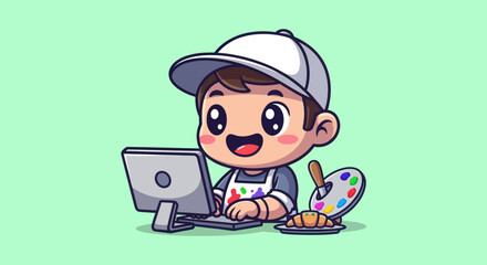 Cute cartoon pilot in uniform holding steaming coffee on a tray