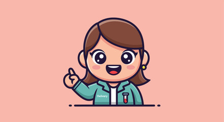 Cartoon woman in lab coat points up