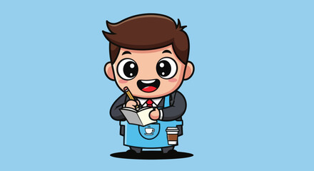 Cartoon waiter in blue apron taking order on light blue backdrop
