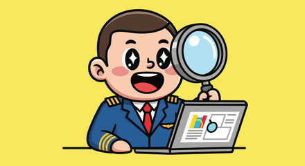 Pilot cartoon examines a laptop screen with a magnifying glass