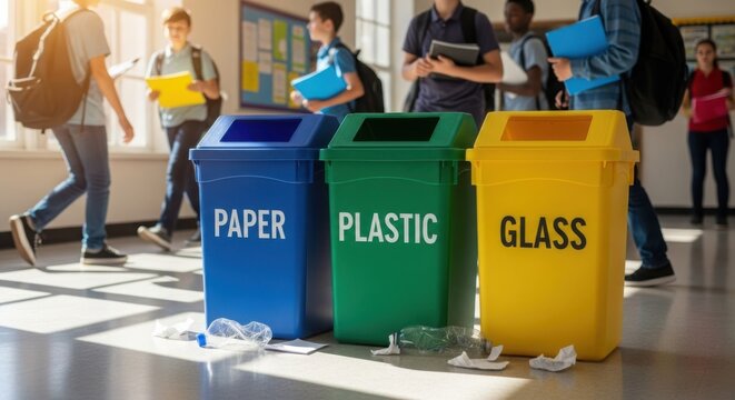 Recycling bins with labels in school corridor