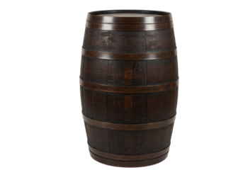 Dark brown wooden barrel isolated PNG on transparent background, rustic container for storage and aging beverages