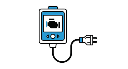 Automotive Diagnostic Device with Engine Icon Display and Power Plug.