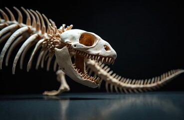 Skeleton of animal with big jaws laying on dark surface. Bones of predator with head skull and tail. Ancient fossil remains in museum. Prehistoric dead reptile extinct millions years ago.