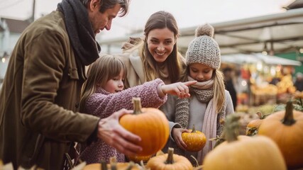 Caucasian family with two young daughters choosing a perfect pumpkin for halloween decoration at an autumn farmers market, enjoying the seasonal tradition and spending quality time together