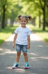 Fototapeta premium Smiling little girl in park wearing white t-shirt and denim shorts stands outside. Child is happy wearing sneakers. Summer portrait of cute kid.