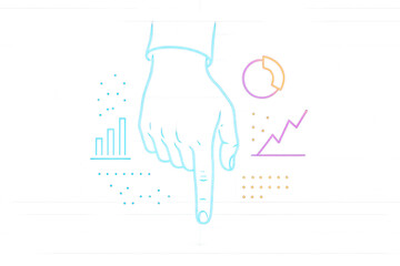 Hand pointing down, visualizing data with neon line art charts and infographic elements, transparent background