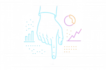 Hand pointing down, visualizing data with neon line art charts and infographic elements, transparent background