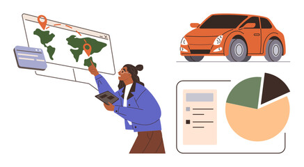 Person using a tablet, examining global map with location markers, orange car, pie chart, and document panel. Ideal for logistics, delivery, business strategy, travel data analysis navigation