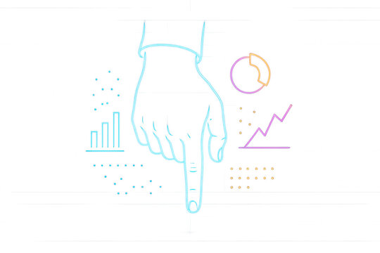 Hand pointing down, visualizing data with neon line art charts and infographic elements, transparent background