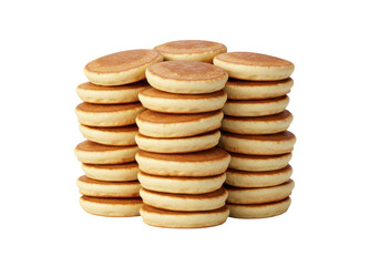 Stack of golden brown crumpets isolated on transparent background, breakfast pastries for tea time and brunch menus
