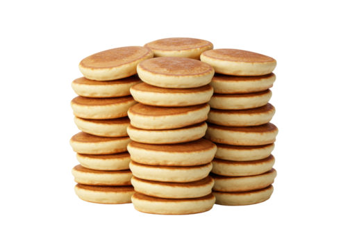 Stack of golden brown crumpets isolated on transparent background, breakfast pastries for tea time and brunch menus