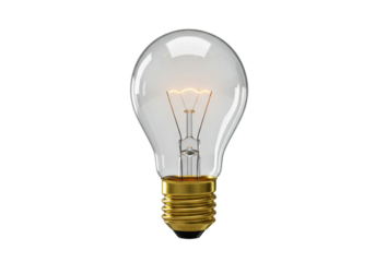 Classic light bulb isolated PNG on transparent background, incandescent lamp with glowing filament for lighting and energy concepts